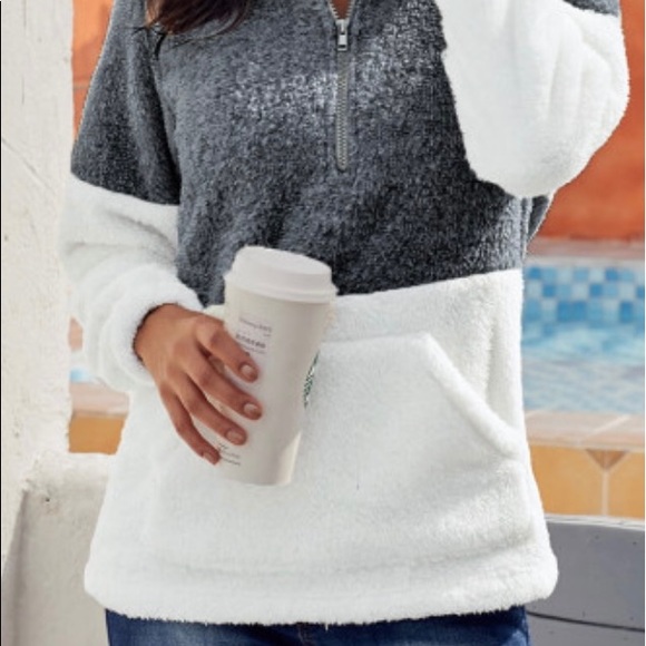 CHARCOAL / WHITE ZIP NECK FLUFFY FLEECE PULLOVER - Picture 6 of 6